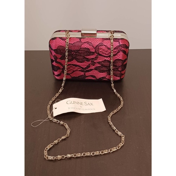 NEW Gunni Sac Fushia Pink with Black Lace Box Purse with Chain Strap - Picture 5 of 5